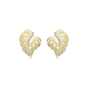 Brinco escovado cravejado de zirconia cristal banho em ouro 18k