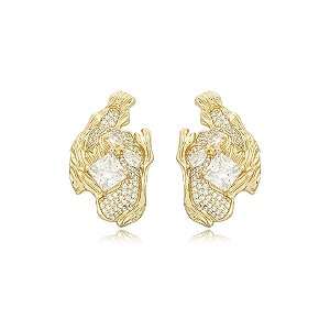 Brinco escovado organico cravejado de zirconia cristal banho em ouro 18k