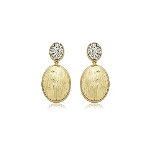 Brinco escovado cravejado de zirconia cristal banho em ouro 18k