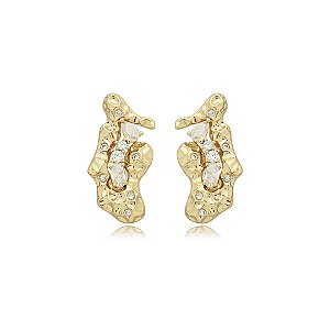 Brinco organico martelado cravejado de zirconia cristal banho em ouro 18k