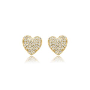 Brinco de coração cravejado de zirconia cristal banho em ouro 18k