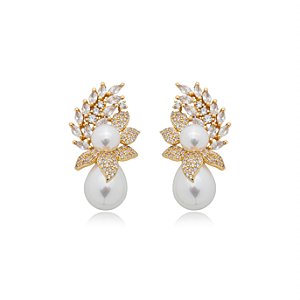 Brinco de perola cravejado de zirconia cristal banho em ouro 18k