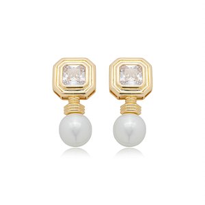 Brinco de perola cravejado de zirconia cristal banho em ouro 18k