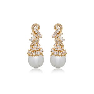 Brinco de perola cravejado de zirconia cristal banho em ouro 18k