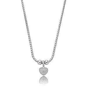 Colar com pingente de coração cravejado de zirconia cristal banho em rodio branco
