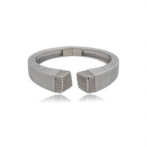 Bracelete escovado cravejado de zirconia cristal banho em rodio branco