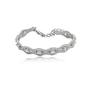 Bracelete escovado cravejado de zirconia cristal banho em rodio branco