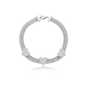 Pulseira de coração cravejado de zirconia cristal banho em rodio branco