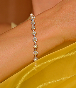 Pulseira de perola cravejado de zirconia cristal banho em ouro 18k