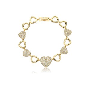 Pulseira de coração cravejado de zirconia cristal banho em ouro 18k