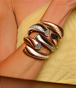 Bracelete escovado cravejado de zirconia onix banho em ouro 18k