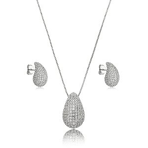 Conjunto de brinco e colar cravejado de zirconia cristal banho em rodio branco