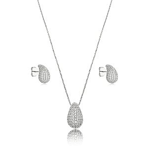 Conjunto de brinco e colar cravejado de zirconia cristal banho em rodio branco