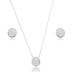 Conjunto de brinco e colar cravejado de zirconia cristal banho em rodio branco