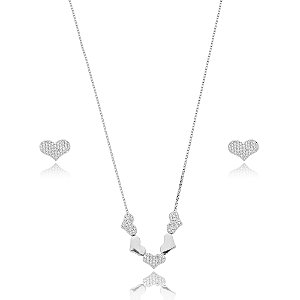 Conjunto de brinco e colar de coração cravejado de zirconia cristal banho em rodio branco