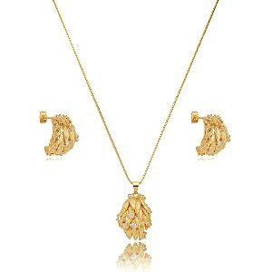 Conjunto de brinco e colar cravejado de zirconia cristal banho em ouro 18k