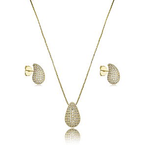 Conjunto de brinco e colar cravejado de zirconia cristal banho em ouro 18k