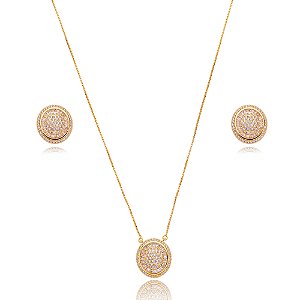 Conjunto de brinco e colar cravejado de zirconia cristal banho em ouro 18k