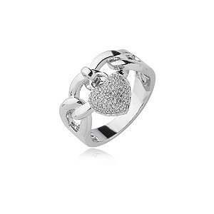 Anel de coração com zirconia cristal banho em rodio branco