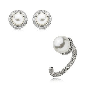 Conjunto de brinco e anel de pérola cravejado de zirconia cristal banho em rodio branco