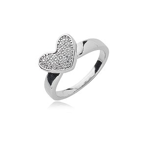 Anel de coração com zirconia cristal banho em rodio branco