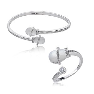 Conjunto de bracelete e anel de madre perola banho em rodio branco