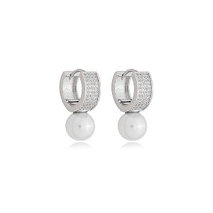 Brinco de argola perola cravejado de zirconia cristal banho em rodio branco