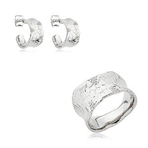 Conjunto de brinco e anel cravejado de zirconia cristal banho em rodio branco