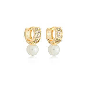 Brinco de argola perola cravejado de zirconia cristal banho em ouro 18k
