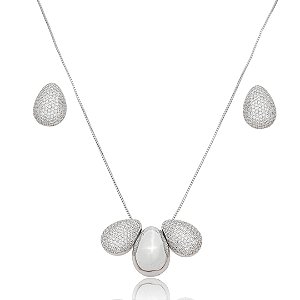 Conjunto de brinco e colar com zirconia cristal banho em rodio branco