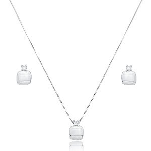 Conjunto de brinco e colar com zirconia cristal banho em rodio branco