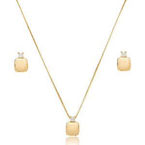Conjunto de brinco e colar cravejado de zirconia cristal banho em ouro 18k