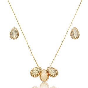Conjunto de brinco e colar cravejado de zirconia cristal banho em ouro 18k