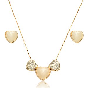Conjunto de brinco e colar de coração cravejado de zirconia cristal banho em ouro 18k