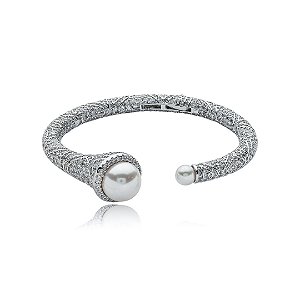 Bracelete de perola cravejado de zirconia cristal banho em rodio branco