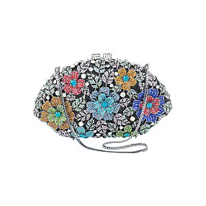 Bolsa cluth luxo em metal cravejada em cristais com alça removível