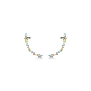 Brinco ear cuff cravejado de zirconia rainbow banho em rodio branco