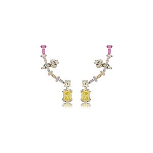 Brinco ear cuff cravejado de zirconia rainbow banho em rodio branco