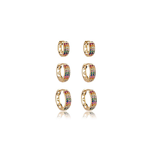 Brinco de trio com zirconia rainbow banho em ouro 18k