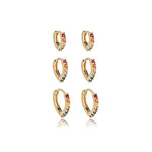 Brinco de trio com zirconia rainbow banho em ouro 18k