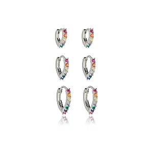 Brinco de trio com zirconia rainbow banho em rodio branco