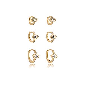 Brinco de trio com zirconia cristal banho em ouro 18k