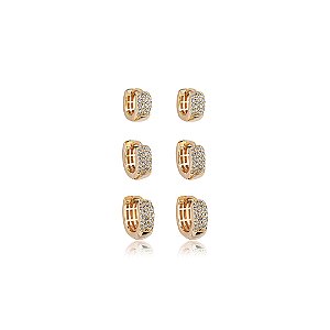 Brinco de trio com zirconia cristal banho em ouro 18k