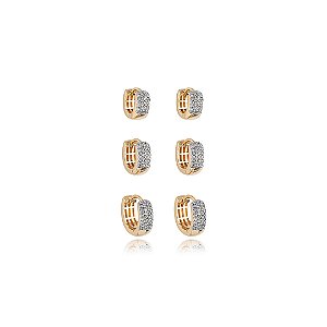 Brinco de trio com zirconia cristal banho em ouro 18k