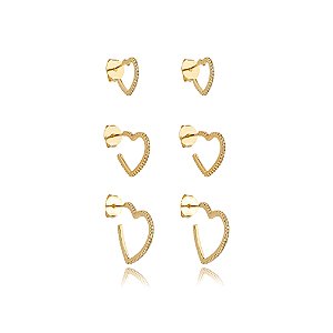 Brinco de trio de coração com zirconia cristal banho em ouro 18k