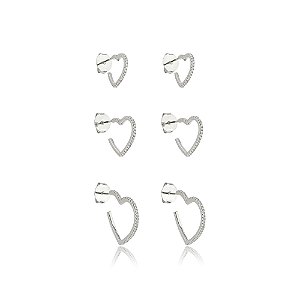 Brinco de trio de coração com zirconia cristal banho em rodio branco