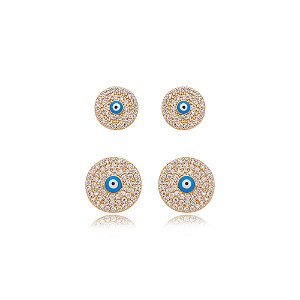 Brinco de base duplo cravejado de zirconia cristal banho em ouro 18k