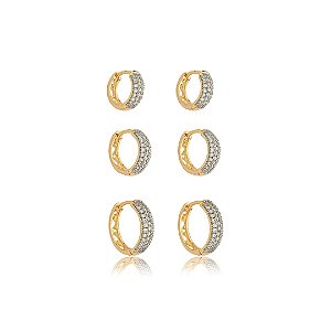 Brinco de trio com zirconia cristal banho em ouro 18k