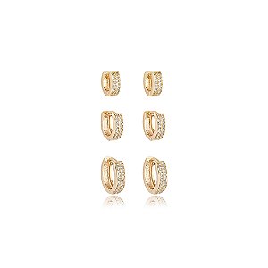 Brinco de trio com zirconia cristal banho em ouro 18k