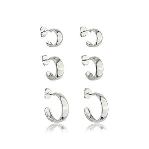 Brinco de trio liso banho em rodio branco
